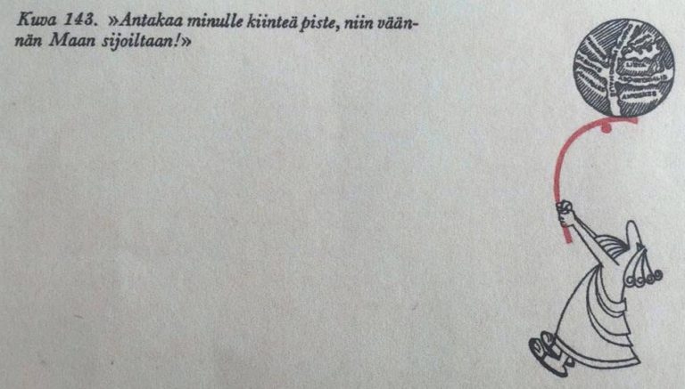 Piirroskuva. Antiikin mies pitelee maapalloa punaisen kepin päässä.