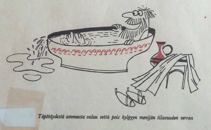 Piirroskuva. Mies ammeessa. Vettä valunut lattialle.